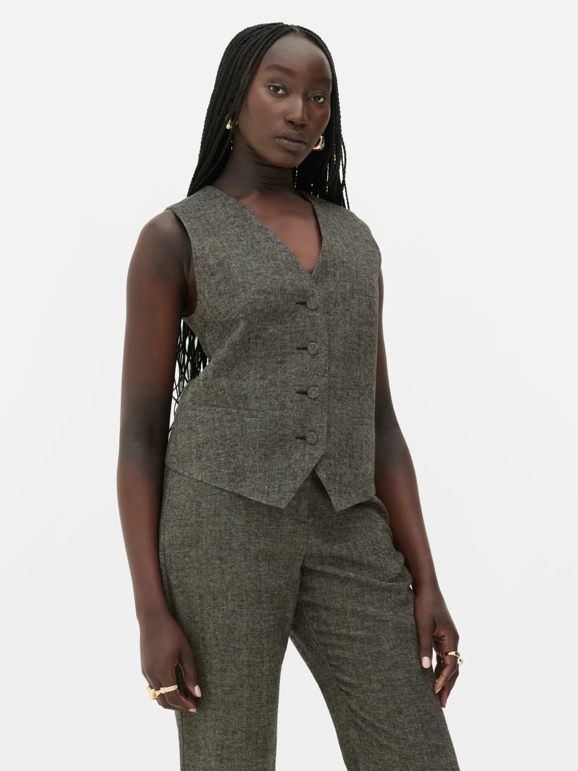 Einreihige „Rita Ora“ Weste Mit Fischgrätmuster