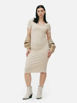 Geripptes, Kurzärmeliges Midikleid