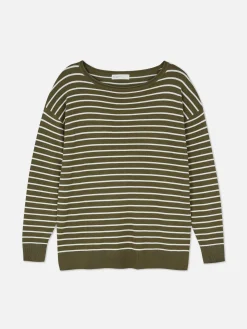 Gestreifter Feinstrickpullover Mit U-Boot-Ausschnitt