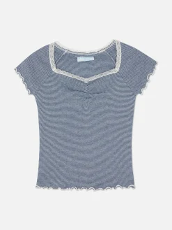 Gestreiftes T-Shirt Mit Spitzenbesatz