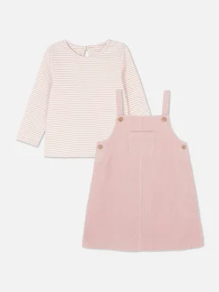 Gestreiftes T-Shirt Und Cord-Trägerkleid Im Set