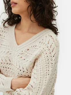 Pointelle-Strickpullover Mit V-Ausschnitt