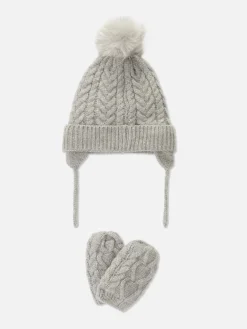 Set Aus Beanie Und Fäustlingen Mit Zopfmuster